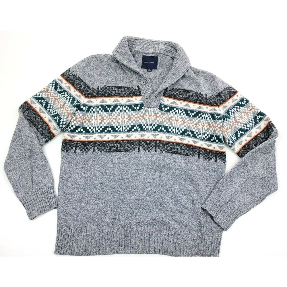 American Eagle Mens Size L Gray Wool Blend Sweater Quarter Button